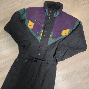 Vtg OSSI Skiwear One Pc Suit Mens Large Belted Snowsuit 90s Retro Purple Green